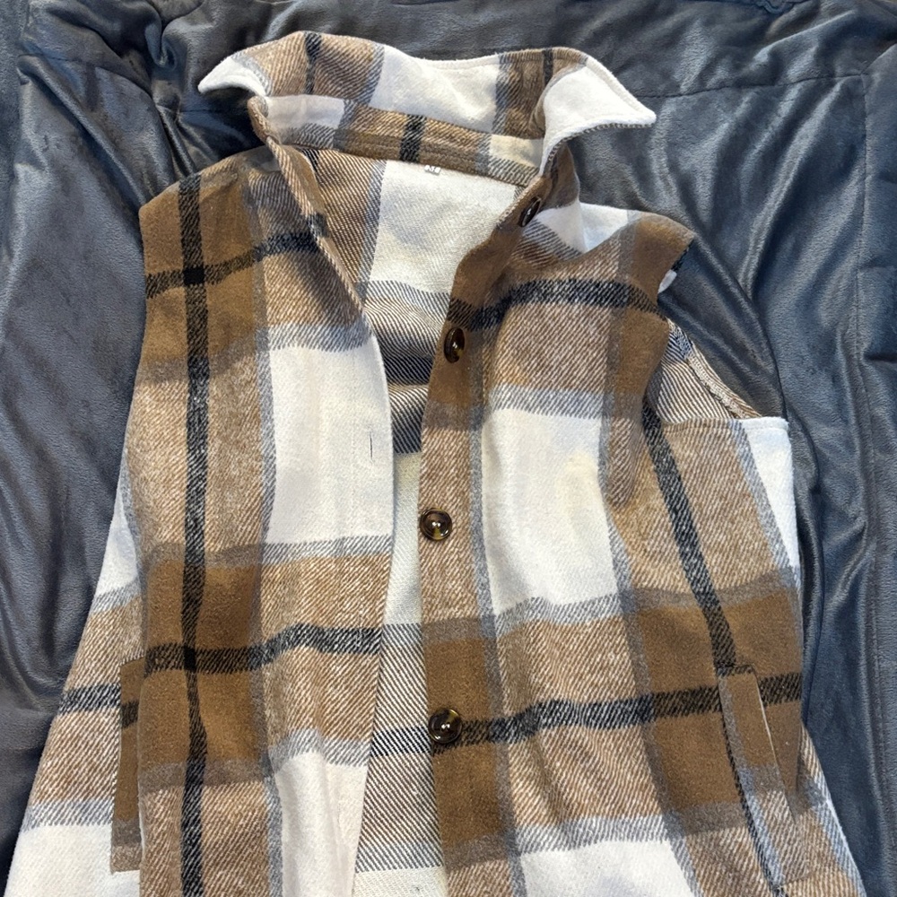 Brown and White Plaid Button-Down Vest